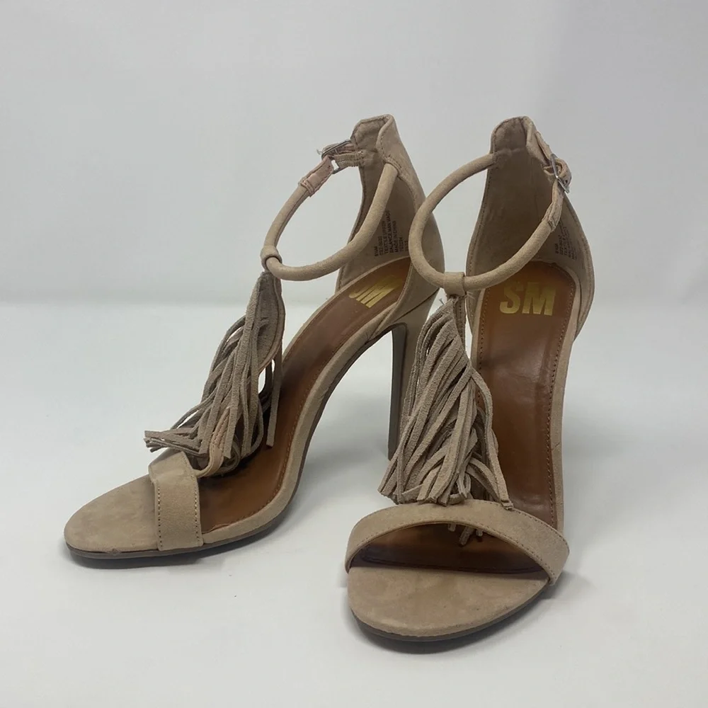 Steve Madden SM Tan Suede Fringe Heel Sandals Size 8.5 Excellent Condition